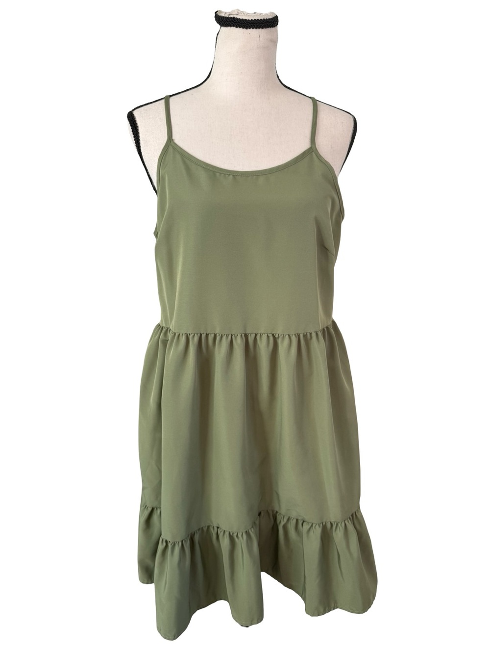 Olive Green Tiered Spaghetti Strap Dress - Women